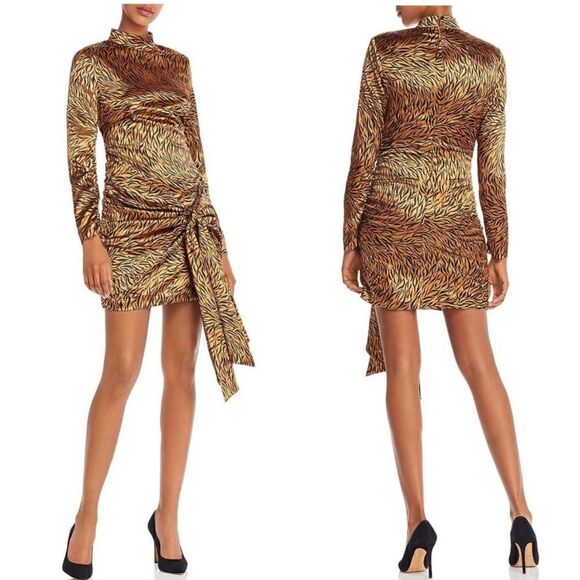Likely Khaleesi Animal Print Long Sleeve Ruched Tie Mini Dress | SZ 2 | Gold - Picture 1 of 12